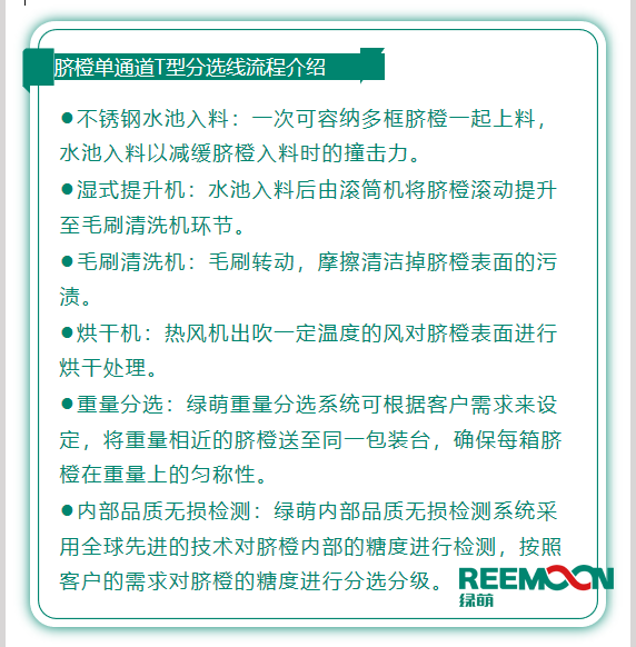 今年綠萌推出T型系列設(shè)備，專(zhuān)為中國(guó)果農(nóng)研制的高性價(jià)比的設(shè)備，具有功能齊全、小型輕便可移動(dòng)、操作簡(jiǎn)單、易維護(hù)的優(yōu)點(diǎn)。臍橙單通道分選線確保每箱分選過(guò)的臍橙個(gè)頭勻稱、糖酸度相近，有著穩(wěn)定的品質(zhì)，讓非標(biāo)準(zhǔn)的農(nóng)產(chǎn)品標(biāo)準(zhǔn)化。該分選線專(zhuān)門(mén)為中國(guó)小戶果農(nóng)定制，為客戶實(shí)地考察，根據(jù)客戶需求全流程設(shè)計(jì)，